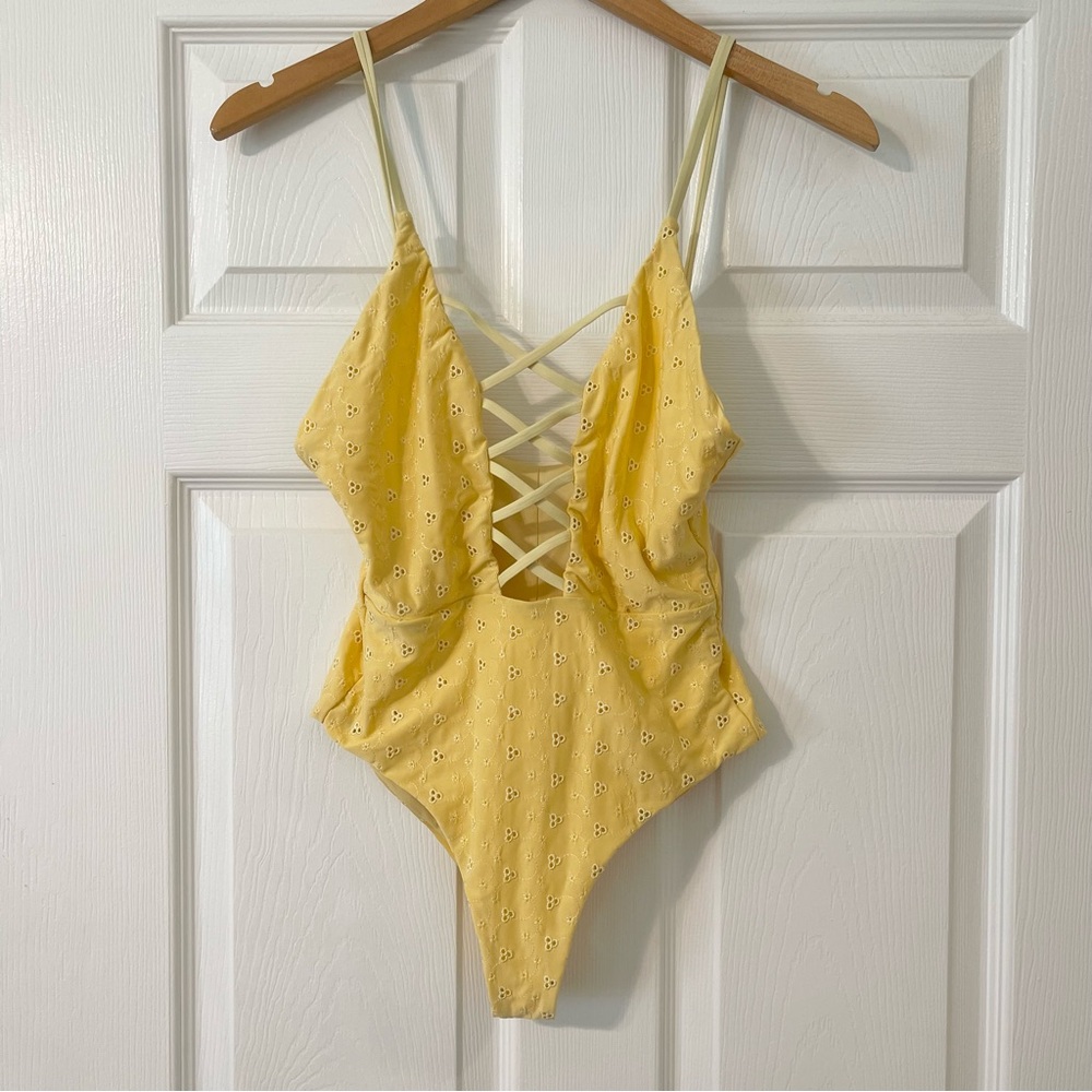 Women’s Yellow Eyelet One-Piece Swimsuit with Crisscross Front